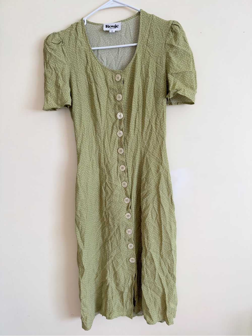 Rouje Mathida Midi Dress with Light Olive Green Polka-Dot